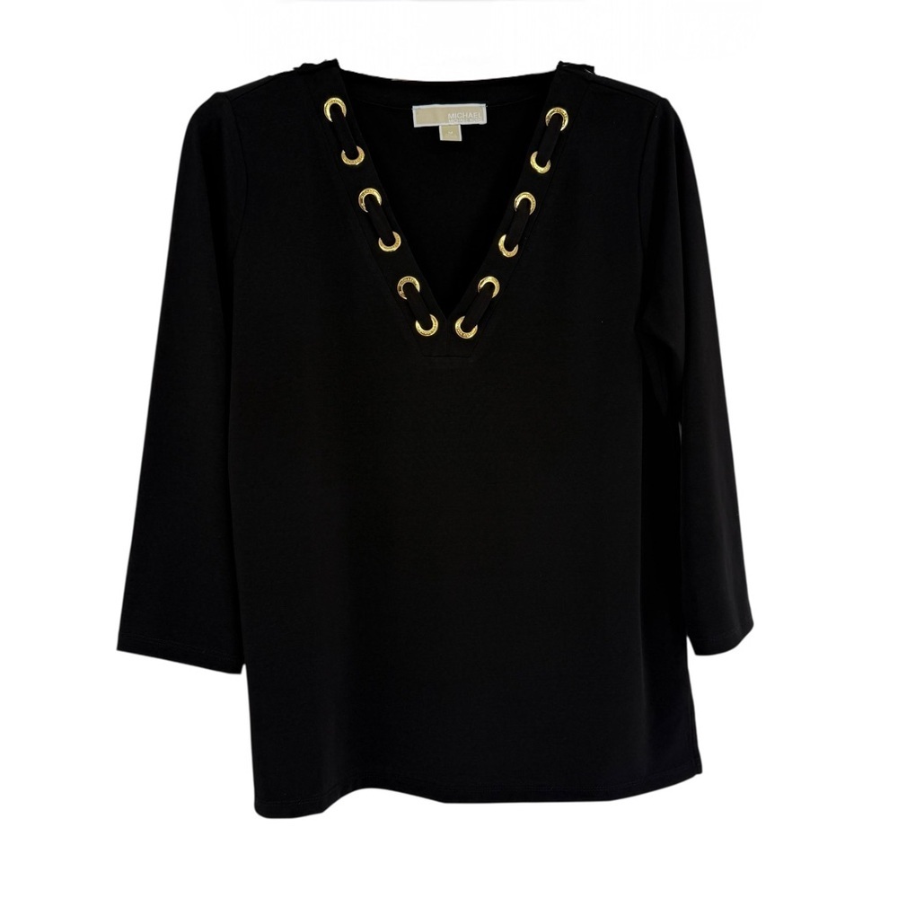 Michael Michael Kors Top Black Size Medium 3/4 Sleeves Gold Accent Career